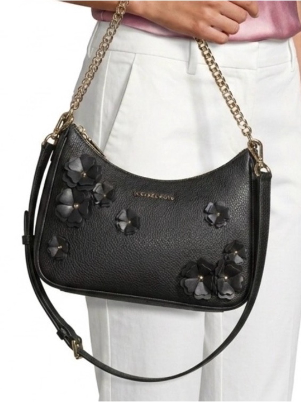 Michale Kors Jet Set Travel Lrg Embellished Floral Black Convertible Pouchette